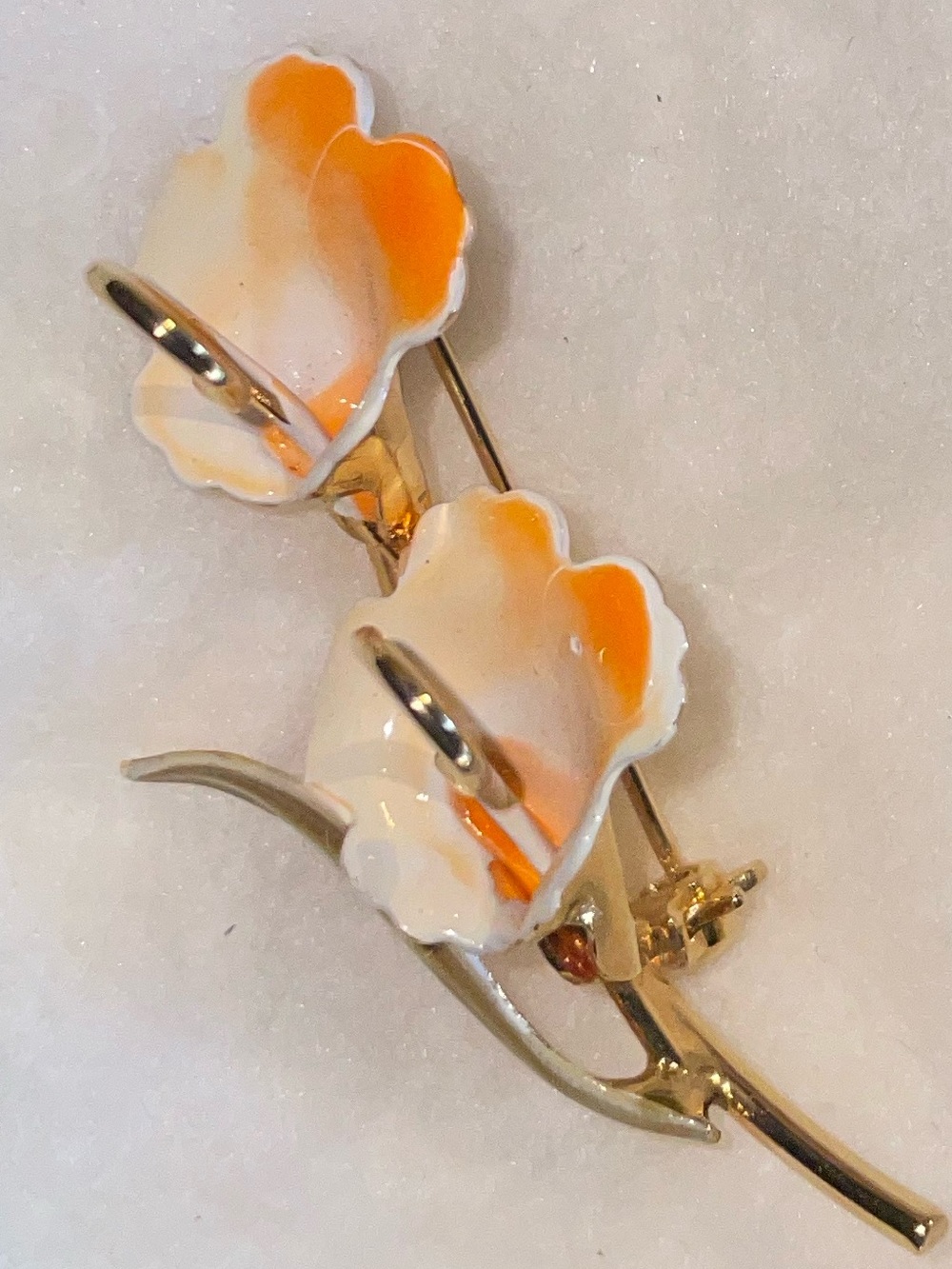 Vintage Mid Century Gold Tone Cream Orange Pearlescent Enamel Flower Brooch Pin